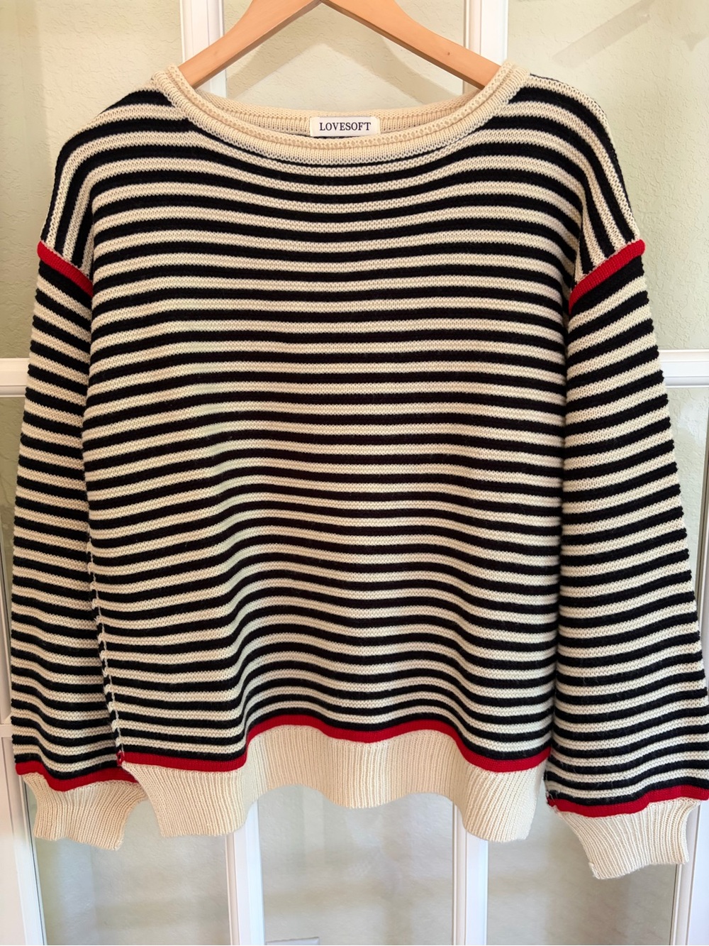 LoveSoft Women's Black & Cream Striped Turtleneck Sweater with Red Trim